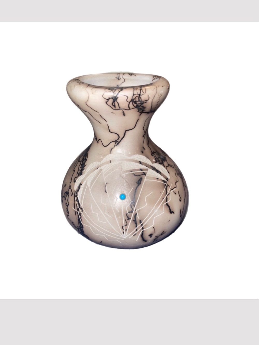 Horse Hair Navajo Pottery Pot Vase Etched 5.5” Turqoise Native American Signed